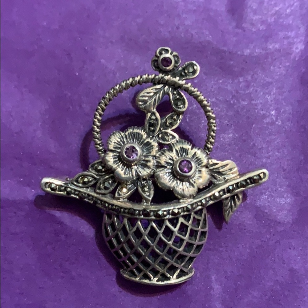 Vintage Sterling Silver Flower Basket Brooch - Picture 3 of 15